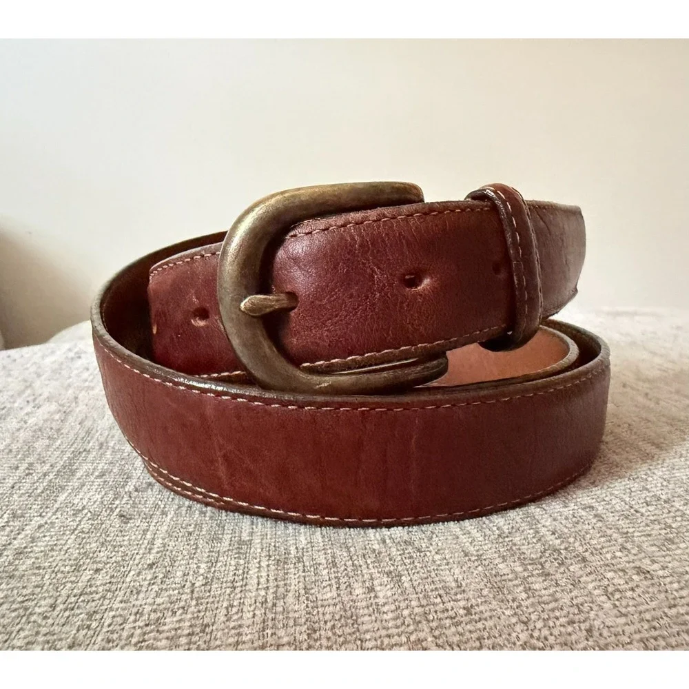 VTG LL Bean Brown Leather Chino Belt Brass Buckle Size 46